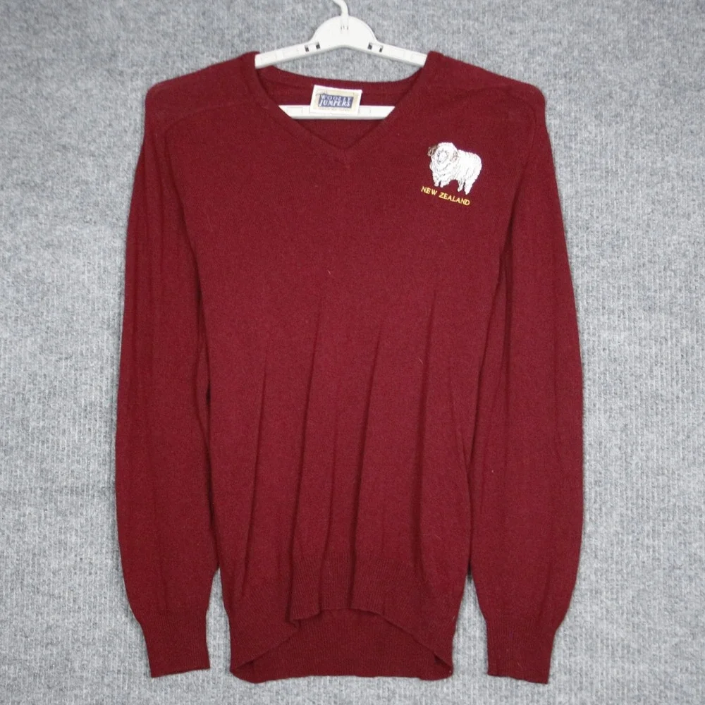 Woolly Jumpers New Zealand V‎ Neck Merino Wool Sweater Mens L Sheep Embroidered